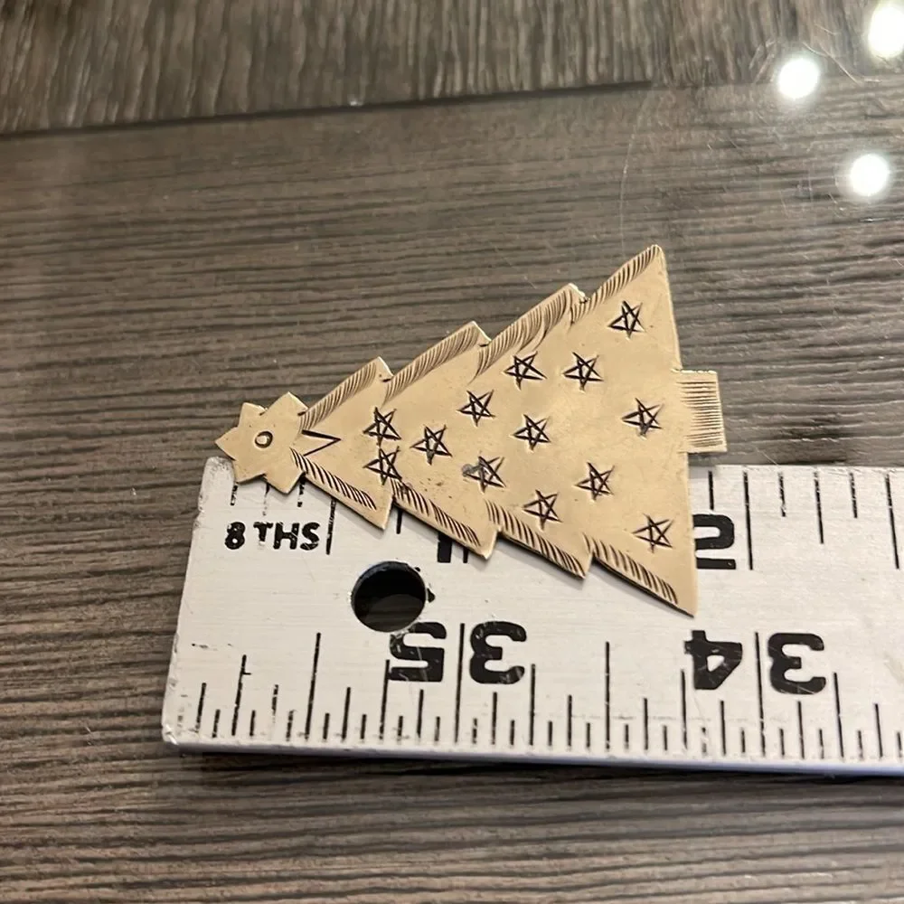 Vintage Brass Christmas Tree Pin with Etched Design Holiday Brooch
